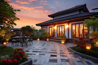 中国风格豪华独栋别墅花园摄影图