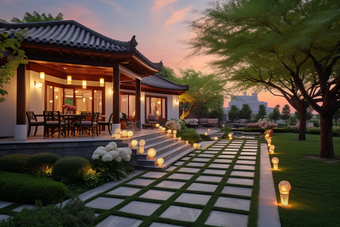 中国风格高端独栋别墅花园摄影图