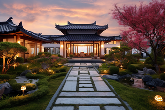 新中式独栋别墅花园摄影图