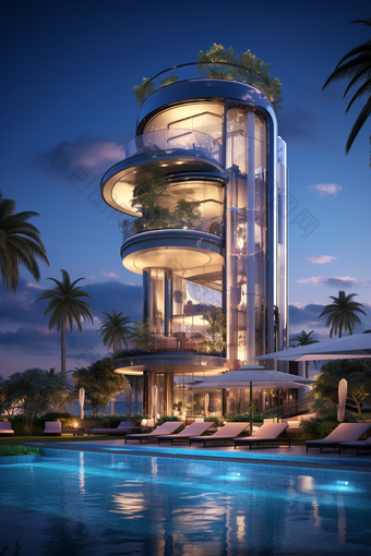 高层别墅游泳池建筑设计摄影图