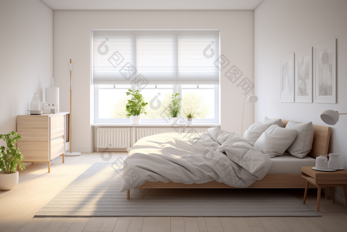 温馨白色卧室宜家风格摄影图