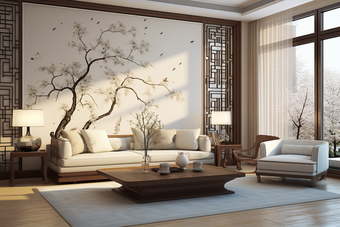 新中式风格样板间的客厅摄影图