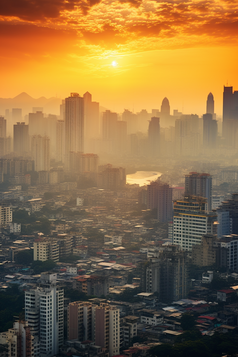 日落橙黄色的大都市城市摄影图