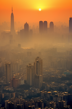 日落橙黄色的城市高楼摄影图