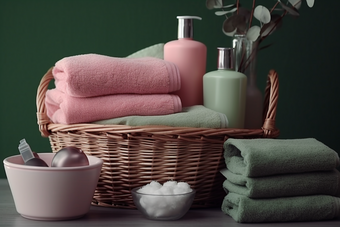 毛巾沐浴露布草布料居家洗护用品宾馆旅店洗手间摄影图
