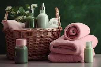 毛巾沐浴露居家洗护用品住宿洗手间摄影图