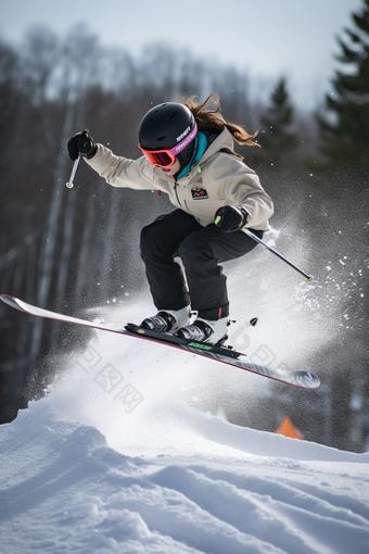 冬季女子滑雪飞跃动作