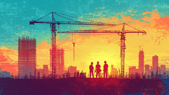 日落城市建筑工地剪影AI素材图片