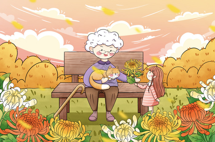 重阳节女孩与奶奶在公园插画