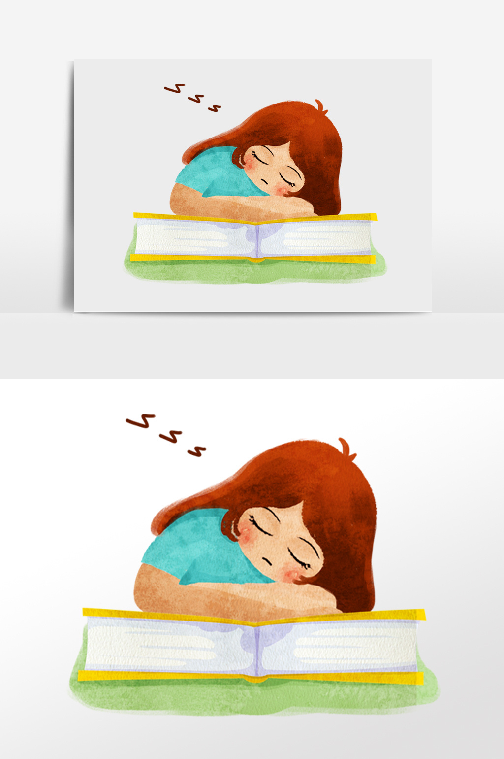 水彩手绘女孩学习累了休息睡觉插画人物