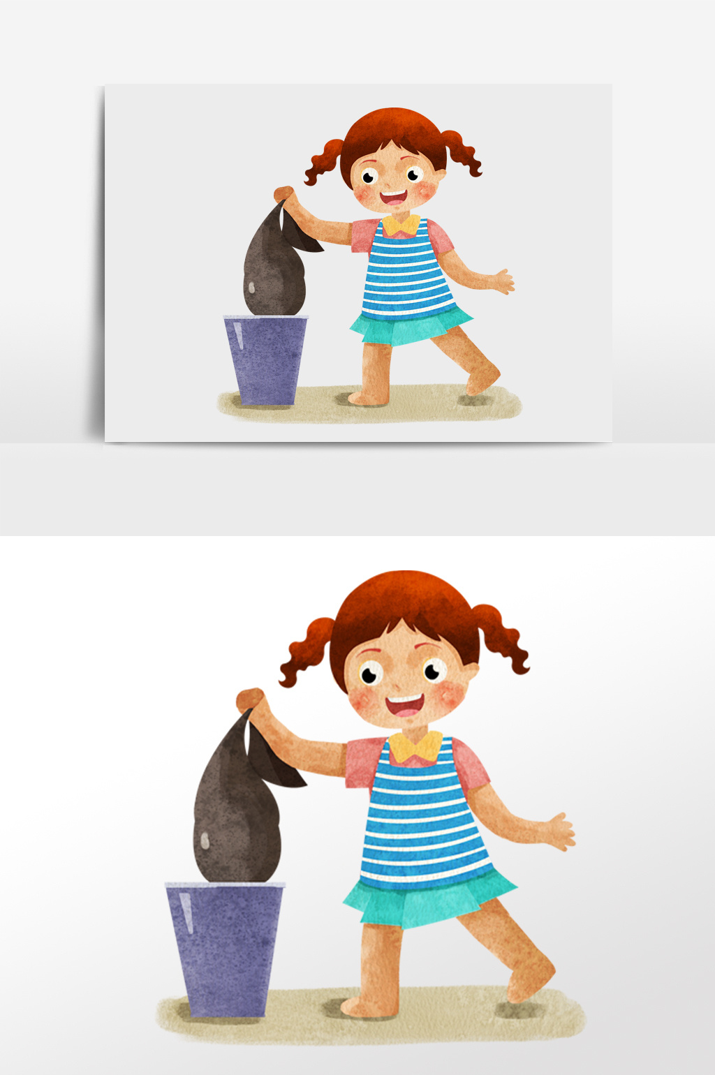 水彩手绘女孩扔垃圾搞卫生插画人物
