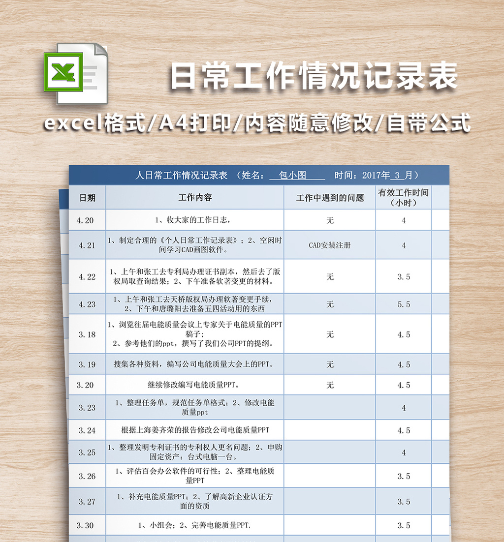 个人日常工作情况记录表excel模板模板下载_1