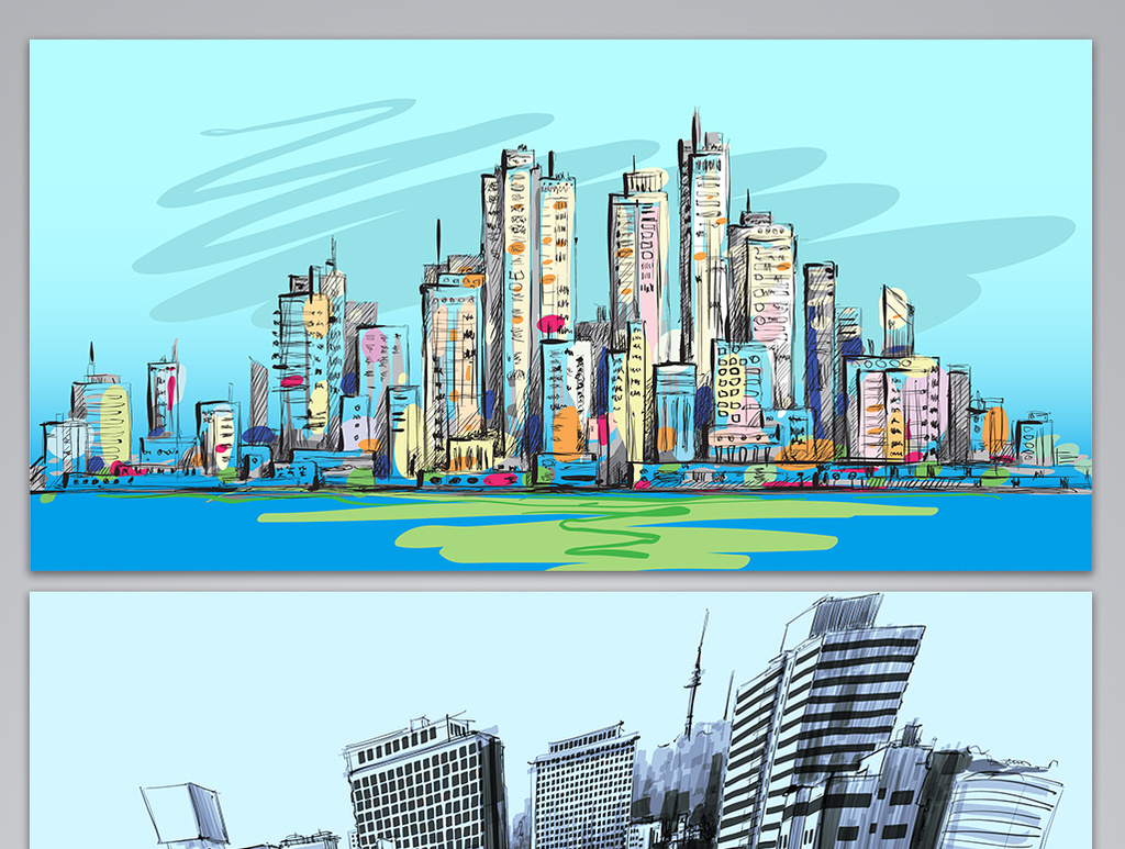 手绘城市素材背景模板下载_1920x1080像素_【包图网】