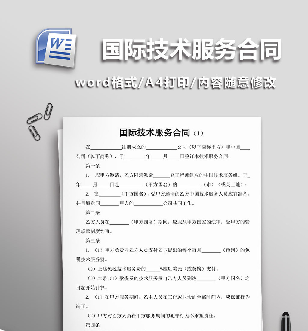 国际技术服务合同word模板高清DOCX图片设