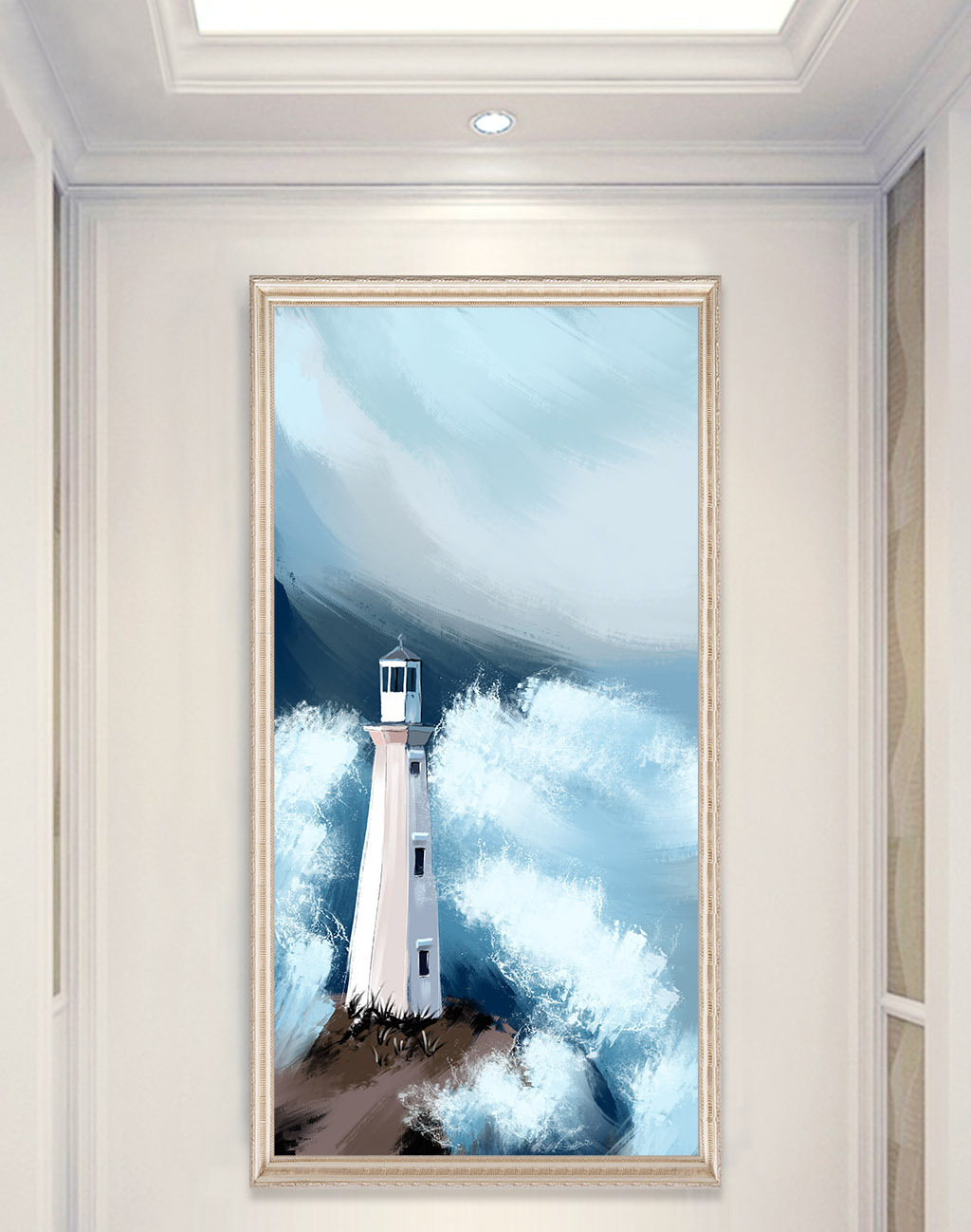 手绘油画灯塔海面大海海浪玄关装饰画