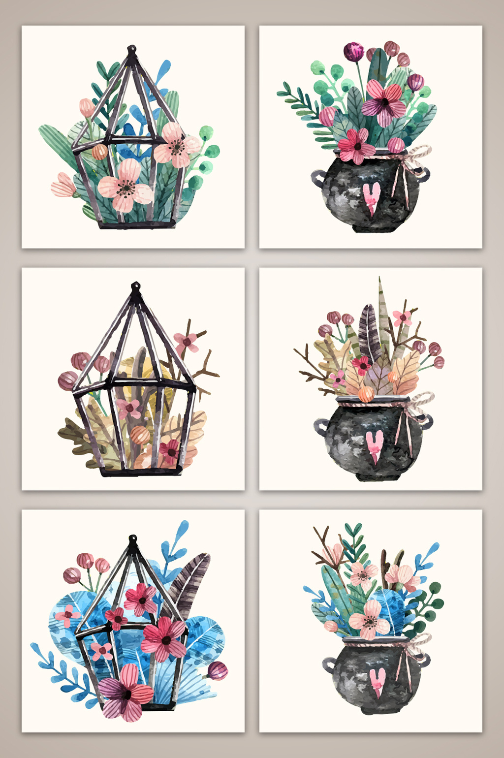 手绘水彩吊篮花盆素材