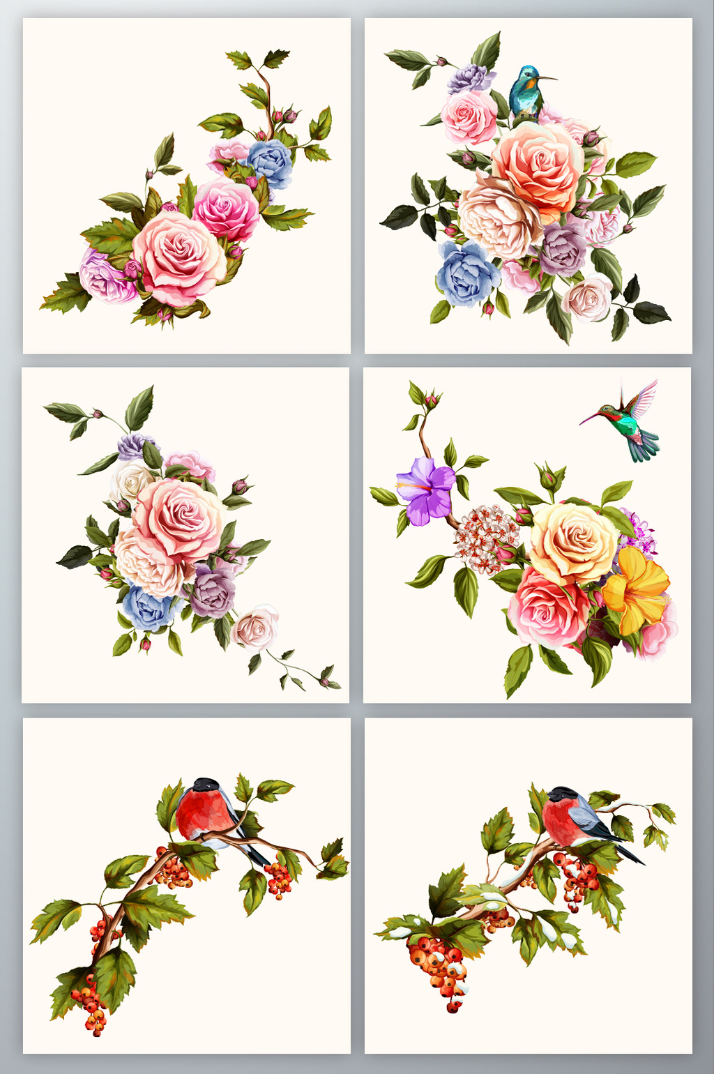 唯美手绘玫瑰花朵小鸟矢量图模板免费下载 _元
