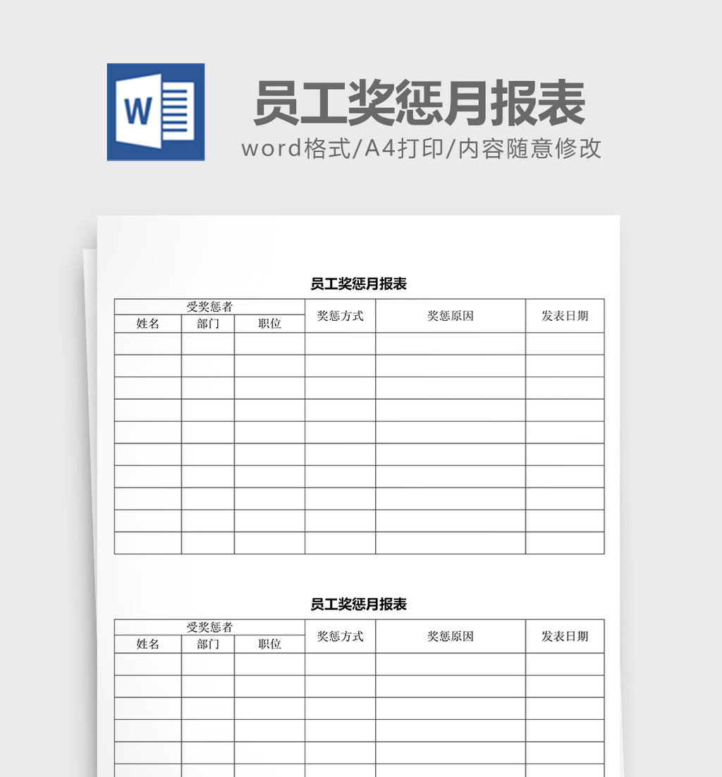 人事 【doc】 人力资源管理员工奖惩月报表  所属分类: word模板 文件