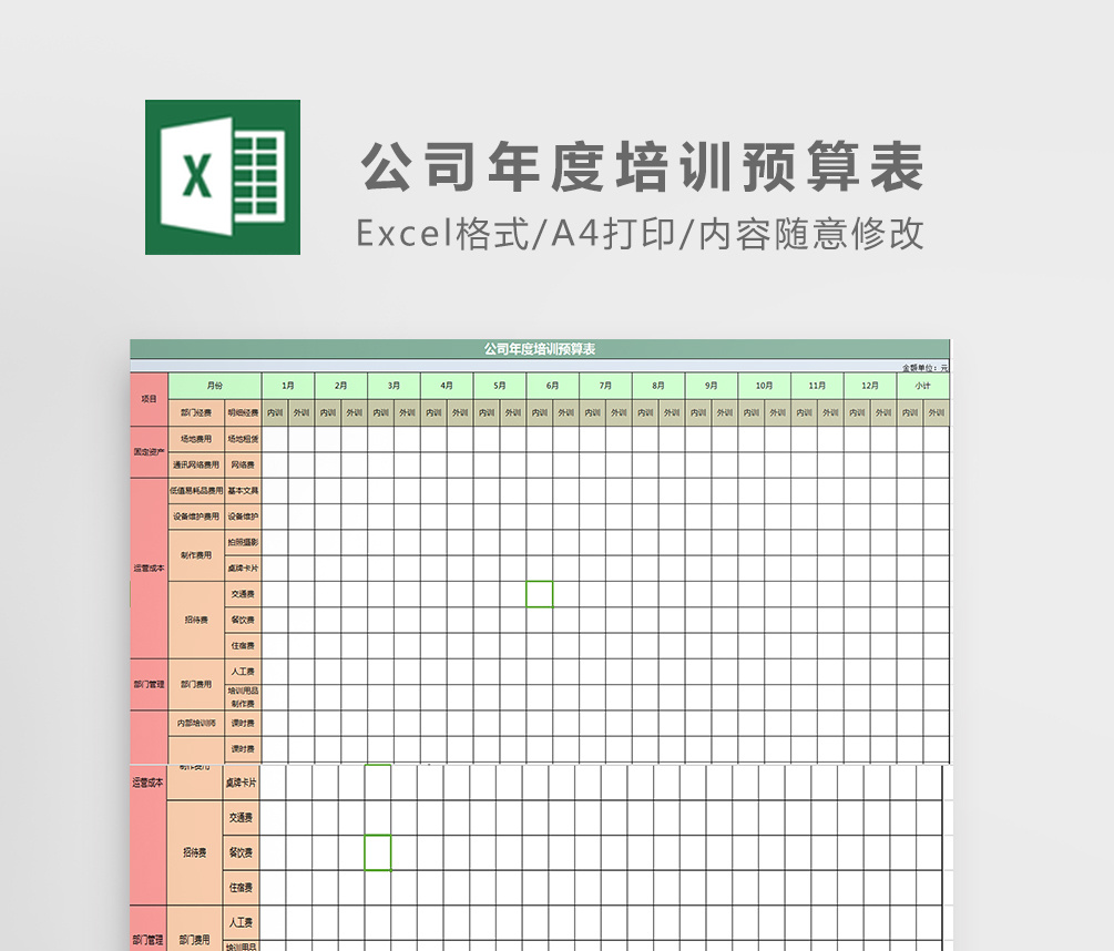 公司年度培训预算表excel模板免费下载_XLSX