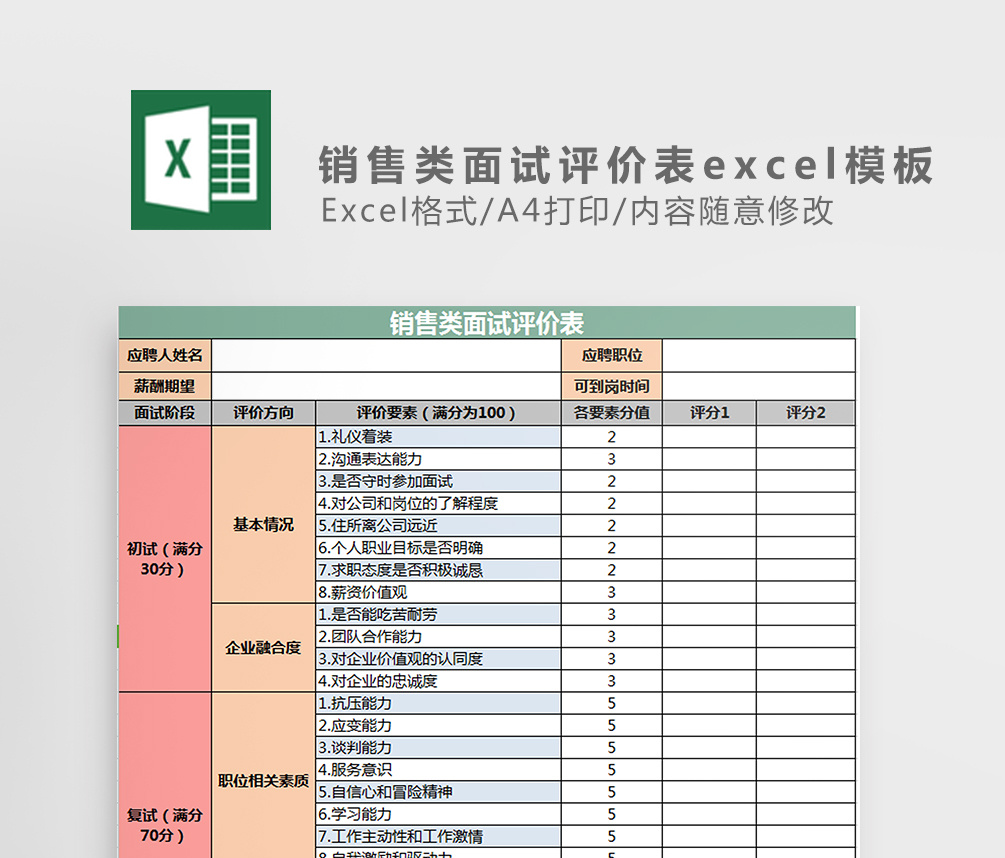 销售类面试评价表excel模板