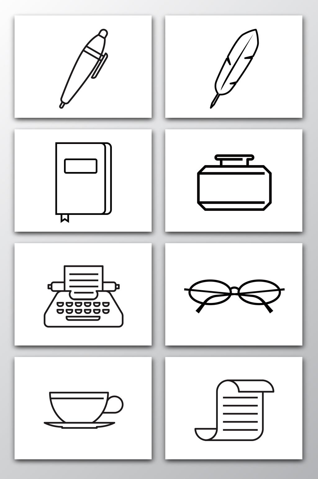 办公用品钢笔墨水眼镜咖啡简笔画矢量图形