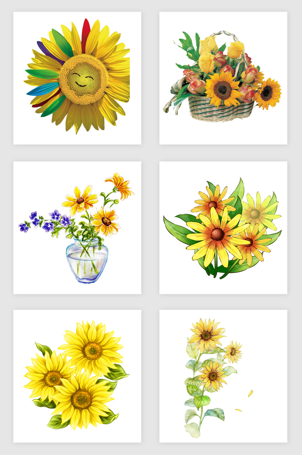 手绘 水彩 黄色 太阳花 卡通花 装饰图案 水墨向日葵 黄色花朵 创意