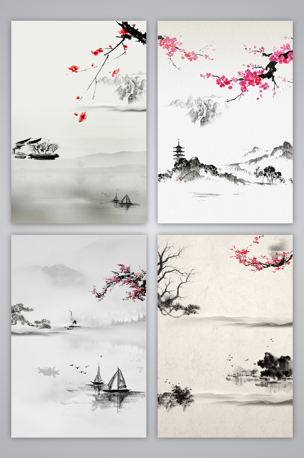 中国风手绘复古山水图水墨画设计背景图
