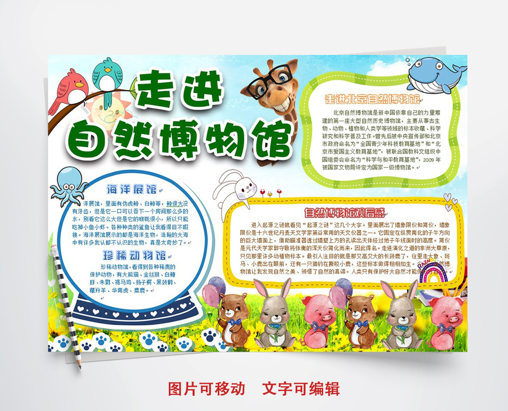 走进自然博物馆电子小报手抄报word模板