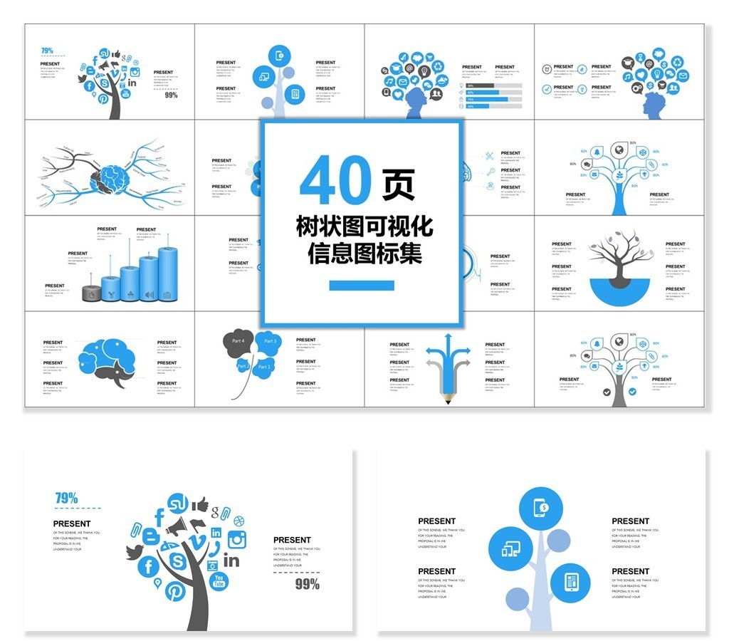 40页树状图可视化图表集ppt模板