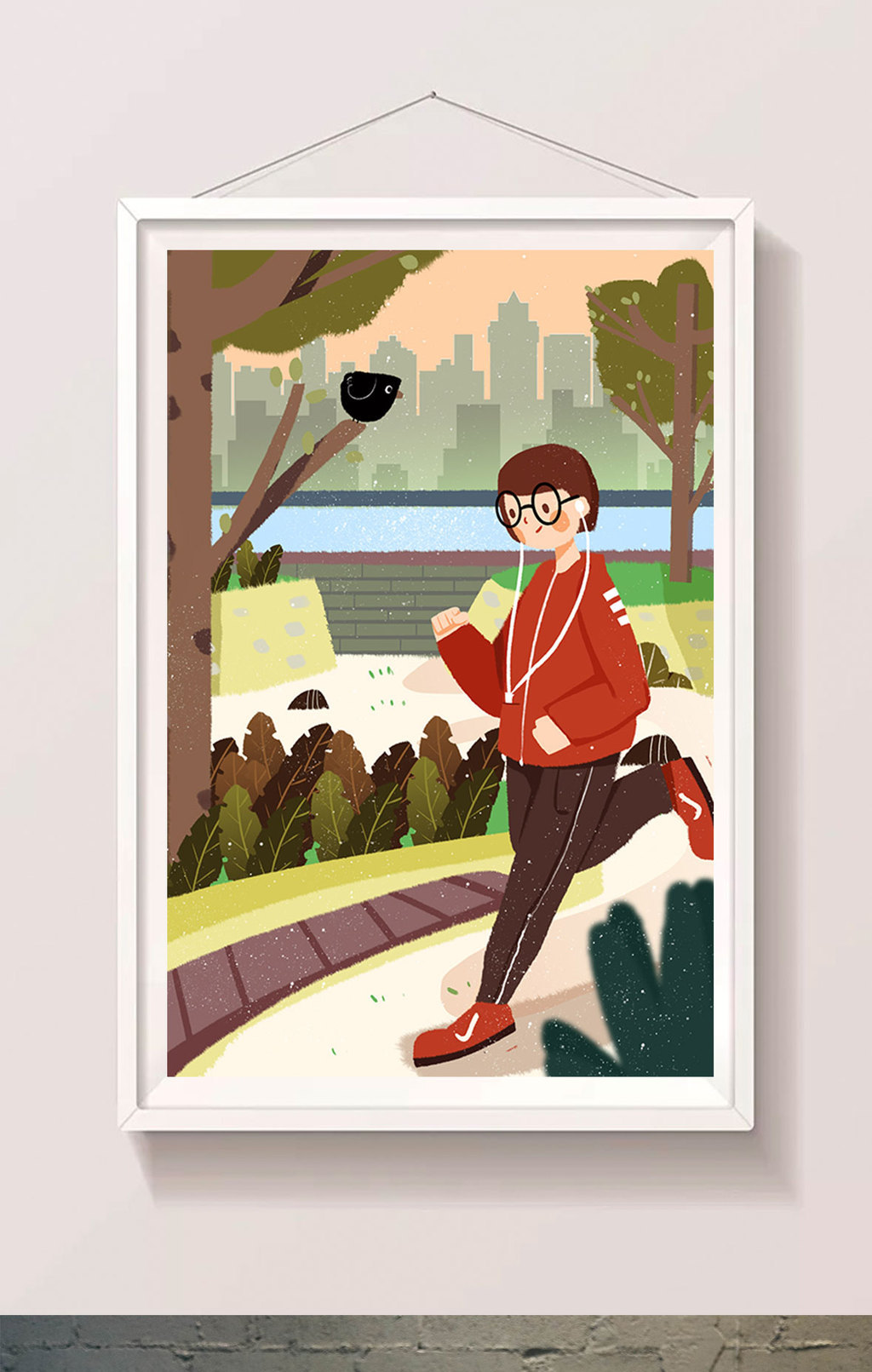 春天公园卡通跑步锻炼健身唯美小清新插画