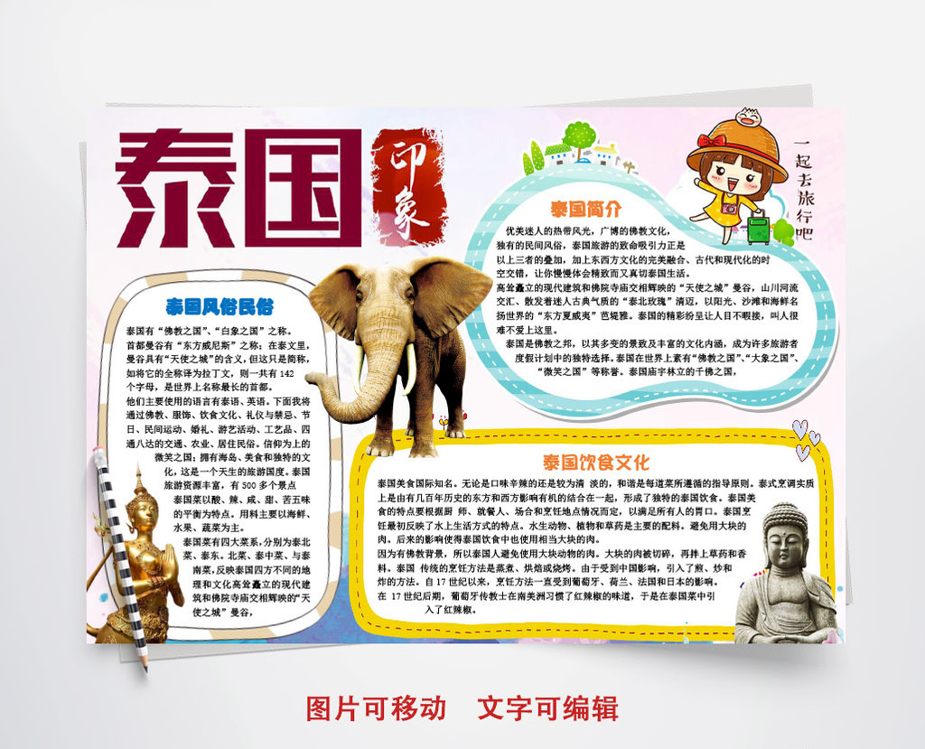 泰国印象小学生旅游小报手抄报word模板