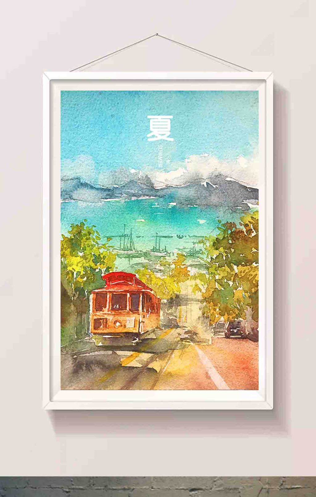 清新暖色调夏日公路海景风景水彩手绘插画