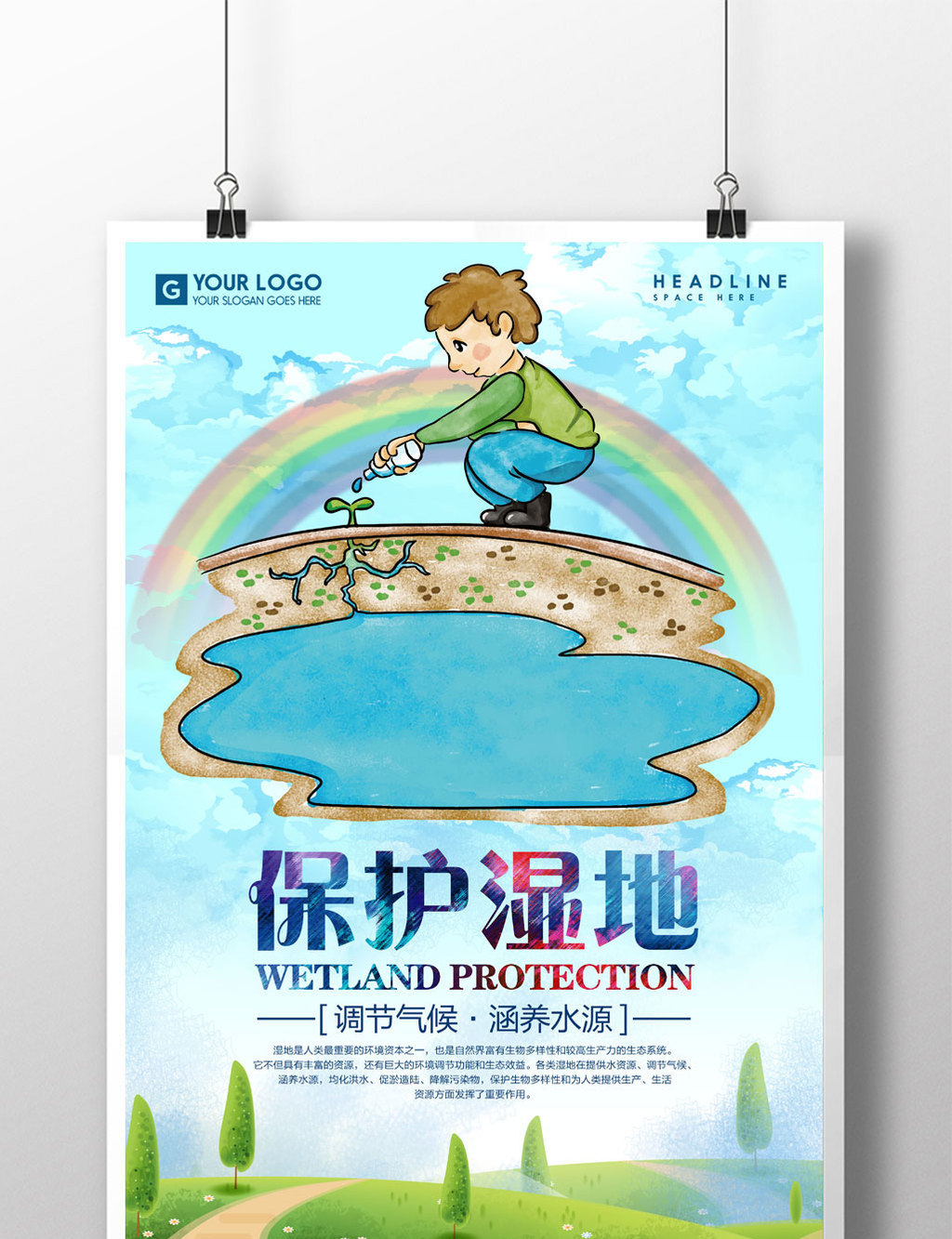 保护湿地手绘公益海报设计