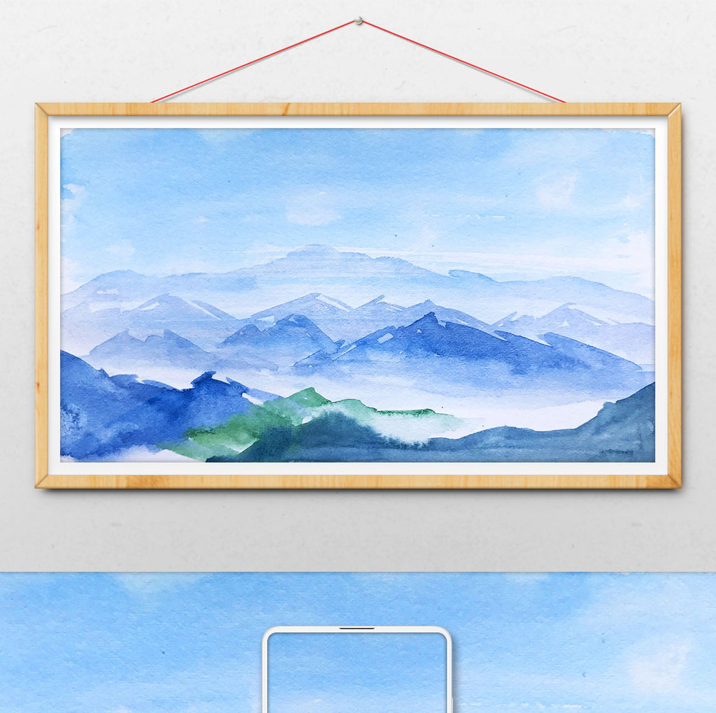 画像及字体仅供参考 包图网提供精美好看的蓝色清新山水水彩手绘扁平