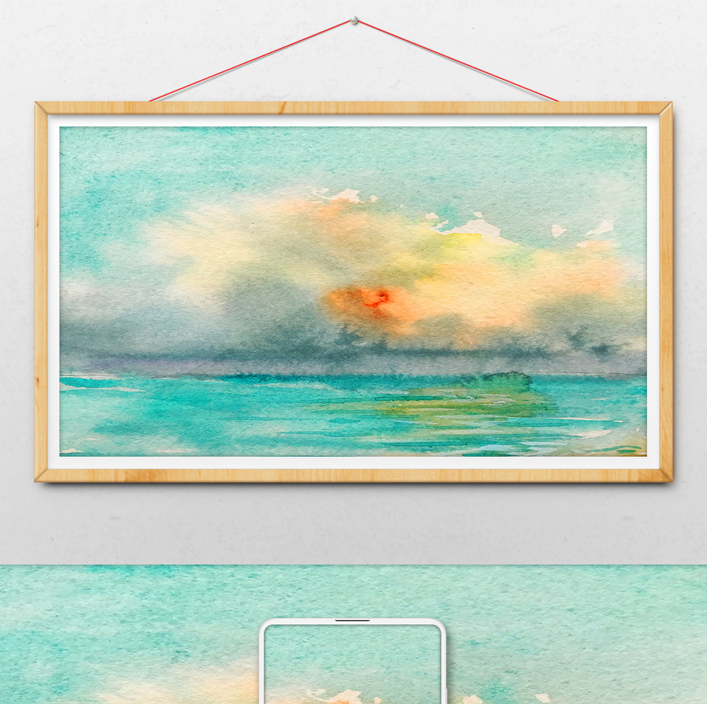 蓝色清新夏日大海夕阳水彩手绘背景素材模板免费下载