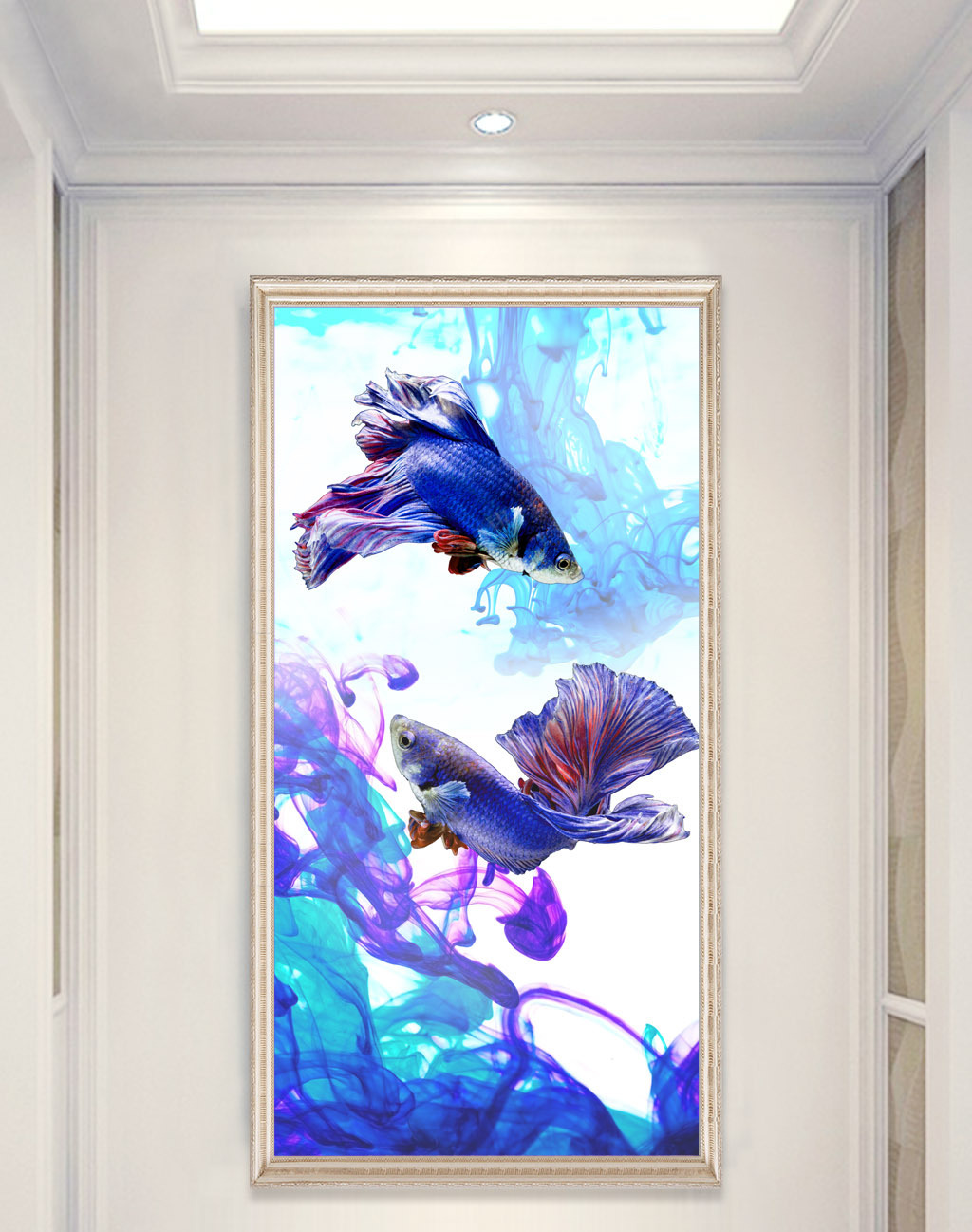 唯美蓝色孔雀鱼水墨玄关装饰画