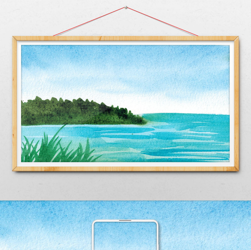 蓝色清新夏日背景海边风景水彩手绘背景模板下载_1422