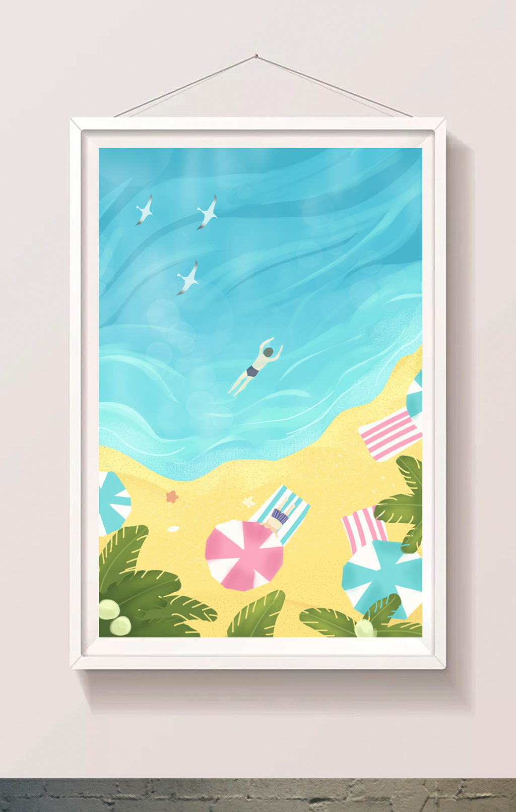 夏日海边沙滩游泳扁平清新简约插画