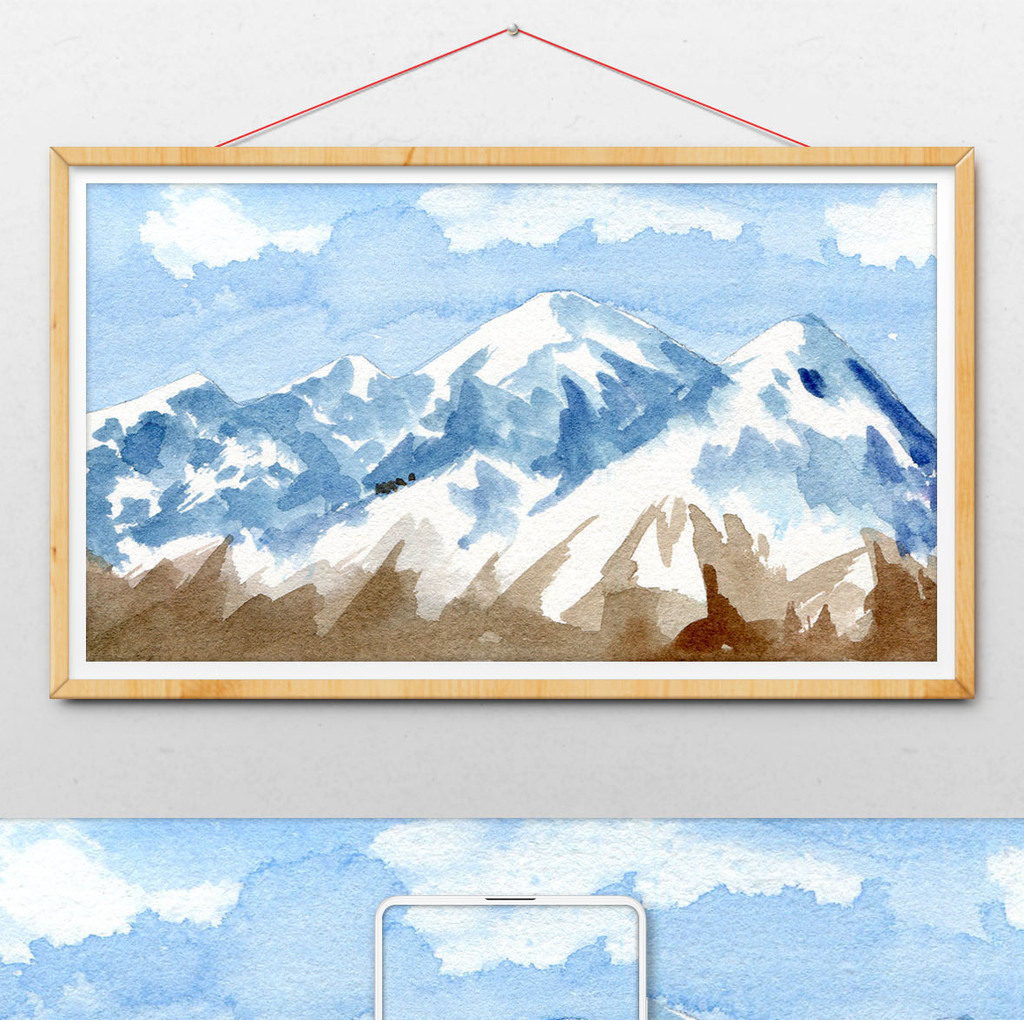 冬日雪山素材手绘背景风景清新水彩