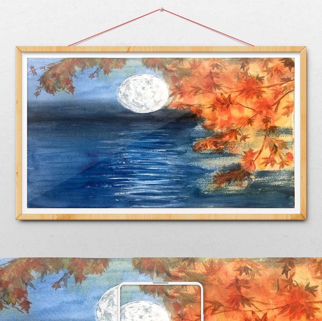蓝色夏日夜晚明月海边月亮风景水彩手绘背景