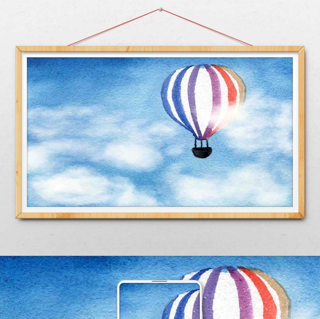冷色调天空白云热气球手绘水彩插画背景