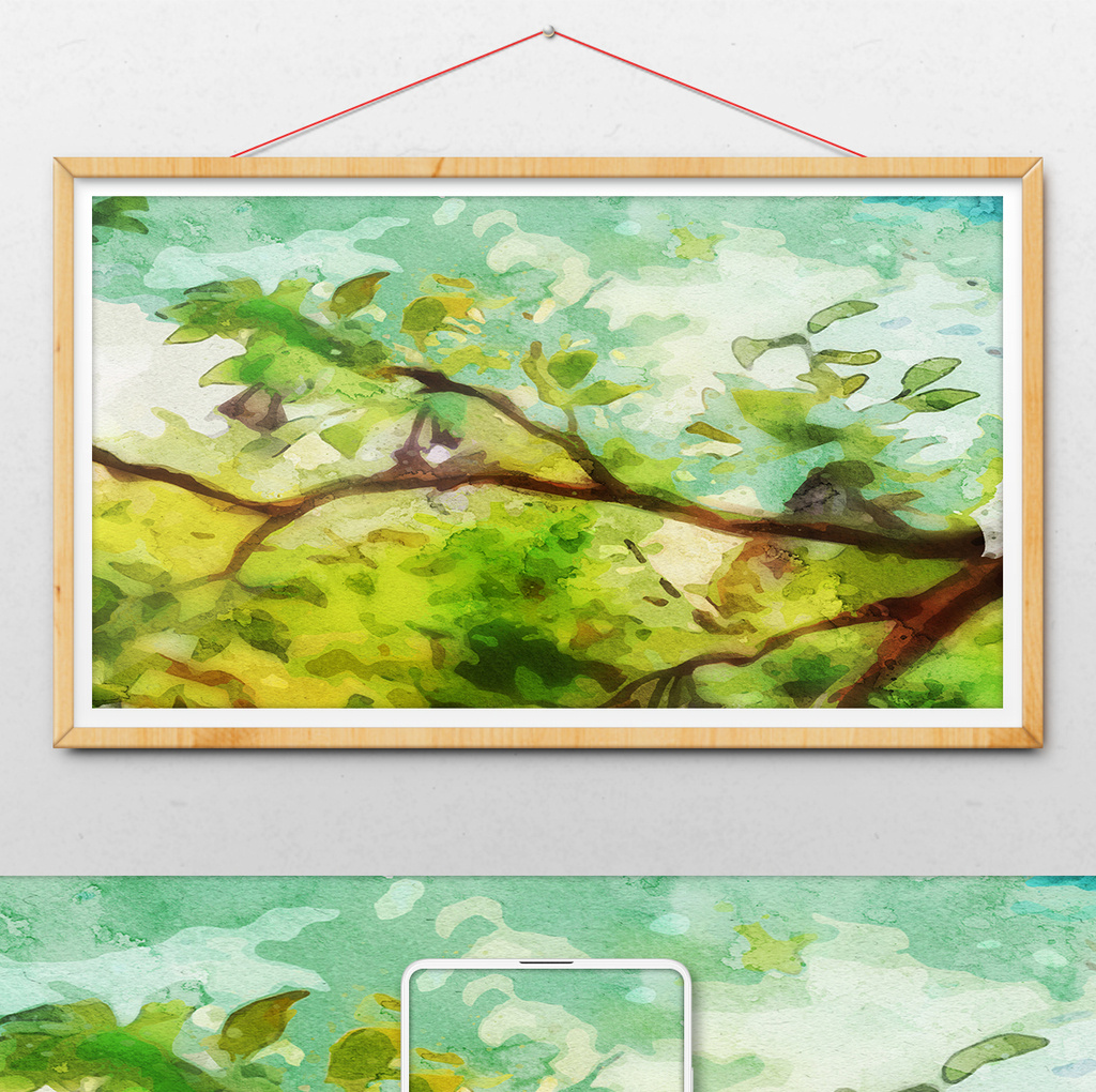 绿色清新树枝背景水彩手绘插画背景素材