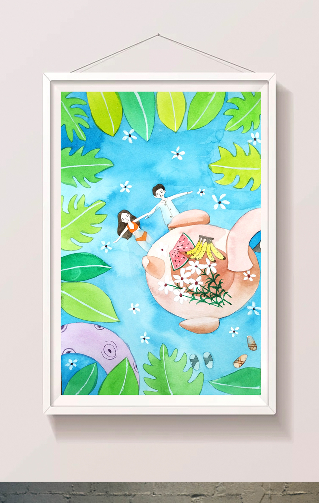 手绘水彩小清新游泳大暑暑假生活插画