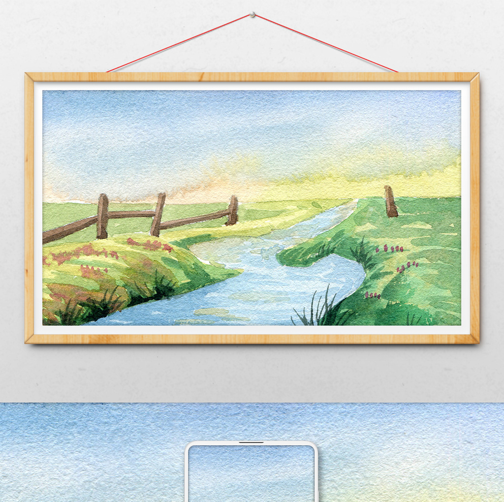 蓝色风景清新小溪水彩手绘背景夏日素材模板下载_1482
