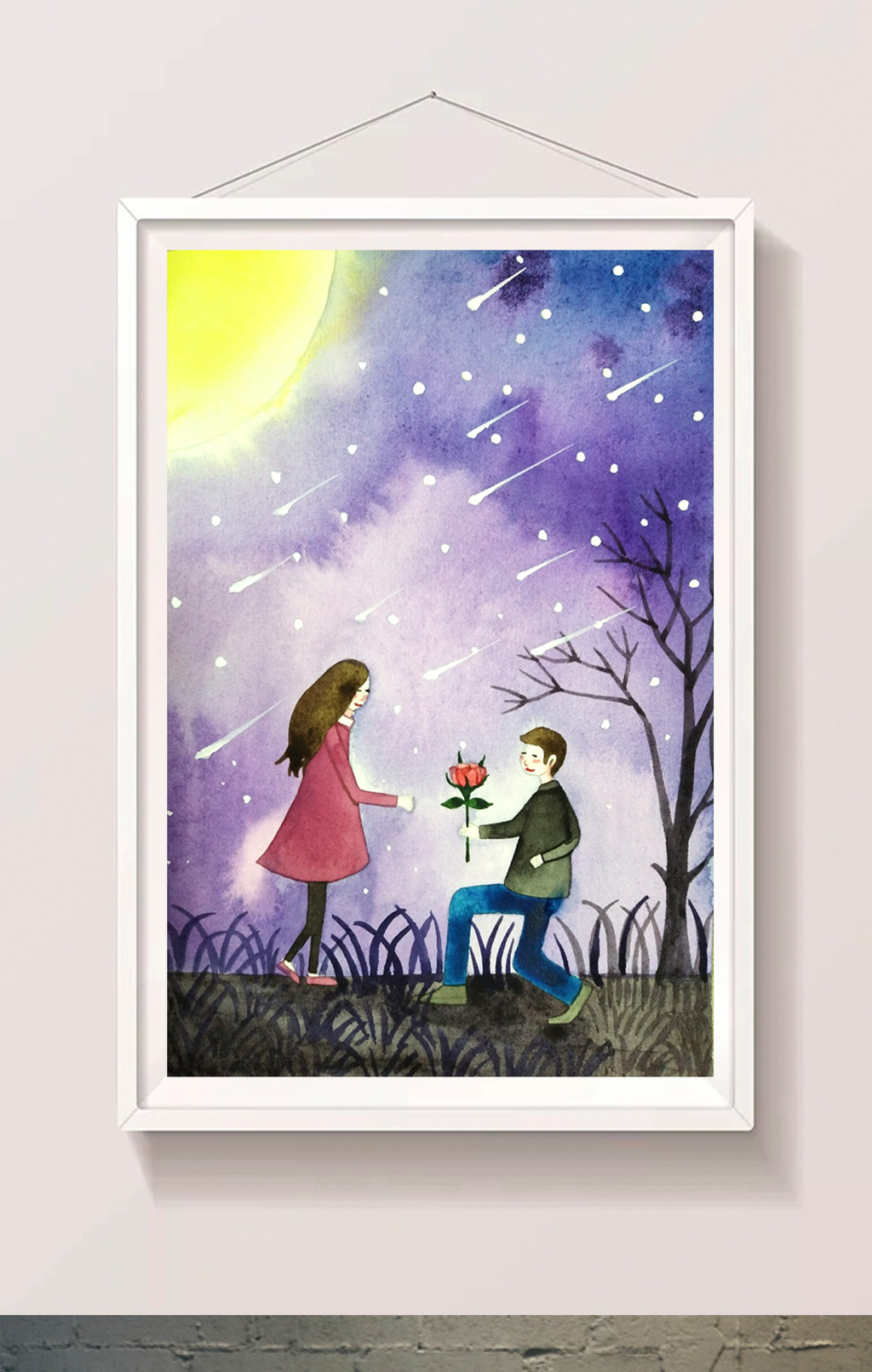 手绘小清新唯美浪漫水彩星空七夕求婚插画