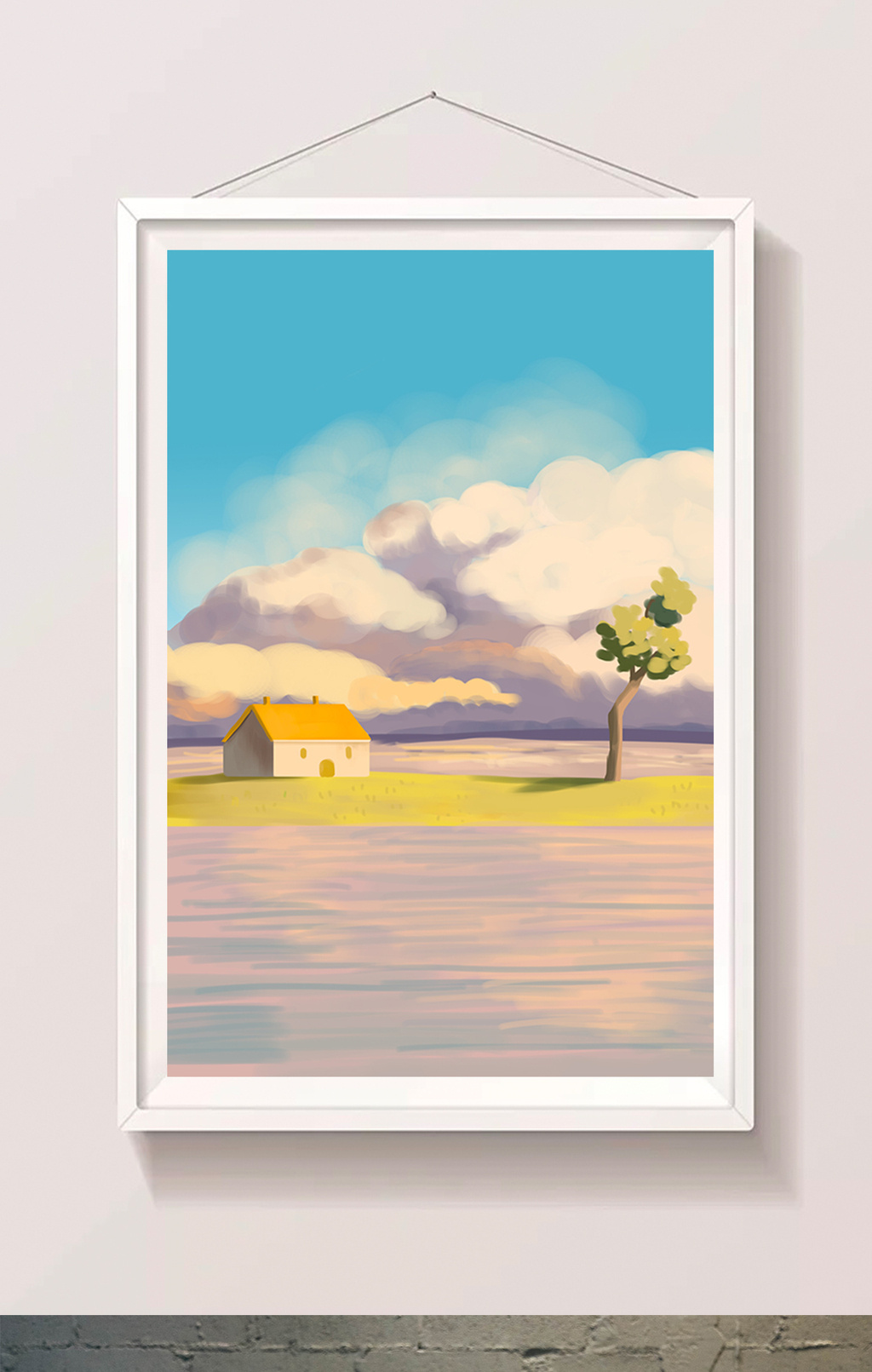 小清新阳光下湖边的小屋手绘插画背景
