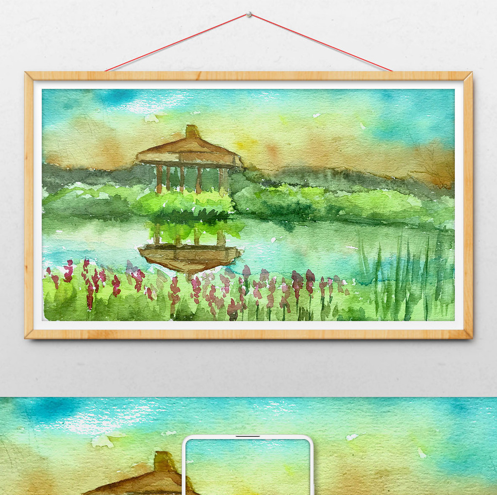夏日清新水彩亭子手绘背景素材风景