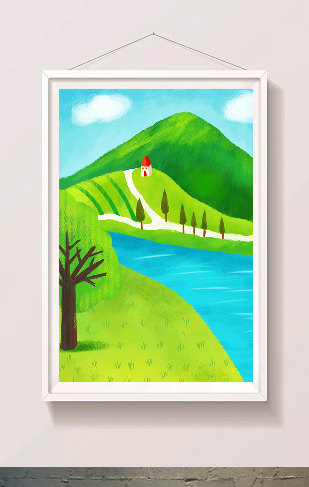 绿色系河边草地和小山坡卡通手绘插画背景
