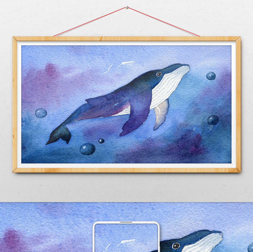 鲸鱼蓝色手绘背景夏日清新风景水彩素材免费下载,本次作品主题是插画