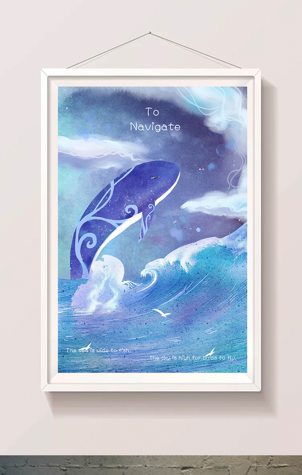 蓝色大海鲸鱼海浪白云清新唯美插画素材免费下载,本次作品主题是插画
